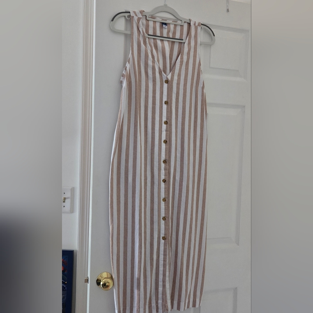 EUC!! OLD NAVY TAN & WHITE STRIPED LINEN BLEND MIDI DRESS, SIZE LARGE